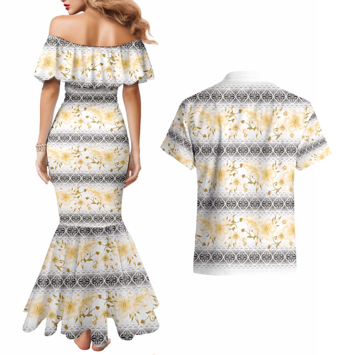 Samoa White Sunday Couples Matching Mermaid Dress and Hawaiian Shirt Samoan Tapa Yellow Hibiscus LT05 - Polynesian Pride