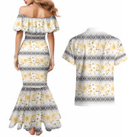 Samoa White Sunday Couples Matching Mermaid Dress and Hawaiian Shirt Samoan Tapa Yellow Hibiscus LT05 - Polynesian Pride