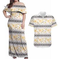 Samoa White Sunday Couples Matching Off Shoulder Maxi Dress and Hawaiian Shirt Samoan Tapa Yellow Hibiscus LT05 Yellow - Polynesian Pride