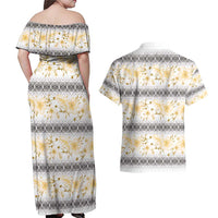 Samoa White Sunday Couples Matching Off Shoulder Maxi Dress and Hawaiian Shirt Samoan Tapa Yellow Hibiscus LT05 - Polynesian Pride