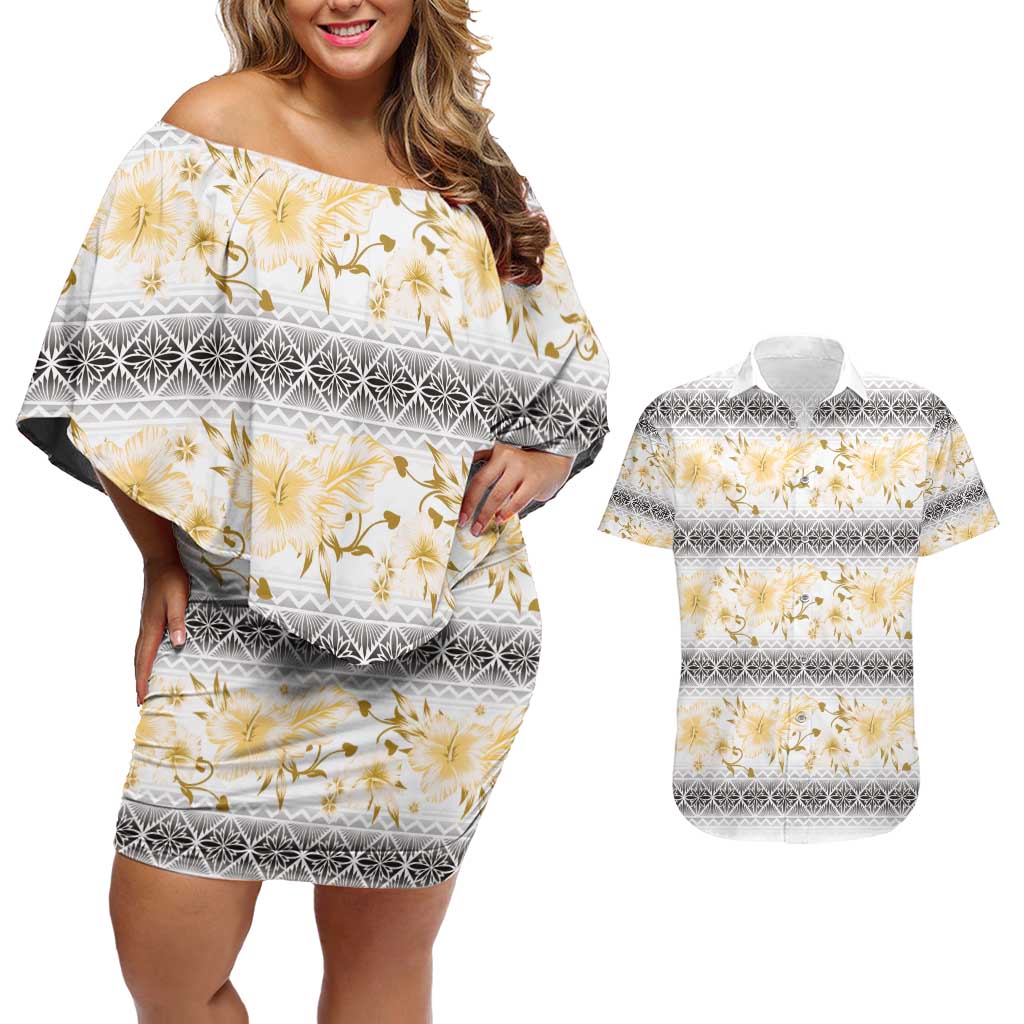 Samoa White Sunday Couples Matching Off Shoulder Short Dress and Hawaiian Shirt Samoan Tapa Yellow Hibiscus LT05 Yellow - Polynesian Pride