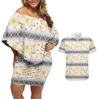 Samoa White Sunday Couples Matching Off Shoulder Short Dress and Hawaiian Shirt Samoan Tapa Yellow Hibiscus LT05 Yellow - Polynesian Pride