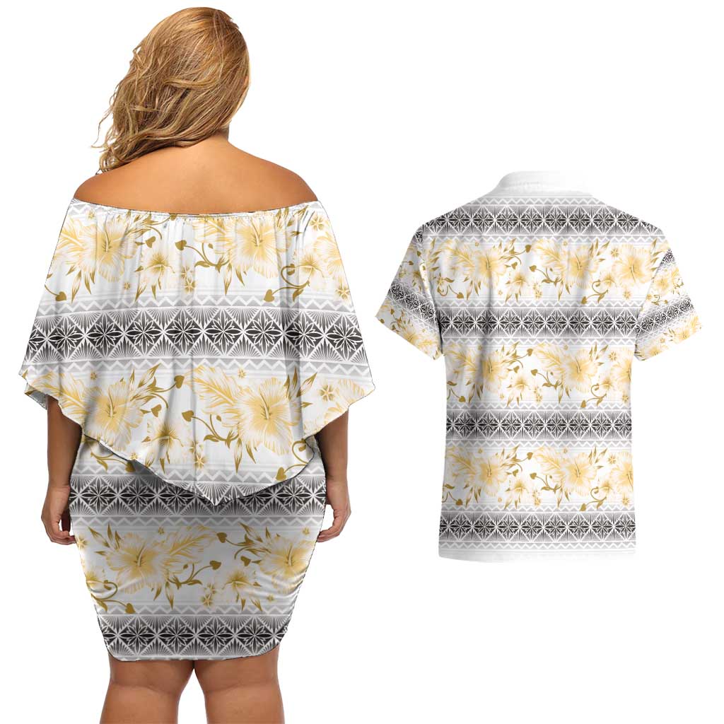 Samoa White Sunday Couples Matching Off Shoulder Short Dress and Hawaiian Shirt Samoan Tapa Yellow Hibiscus LT05 - Polynesian Pride