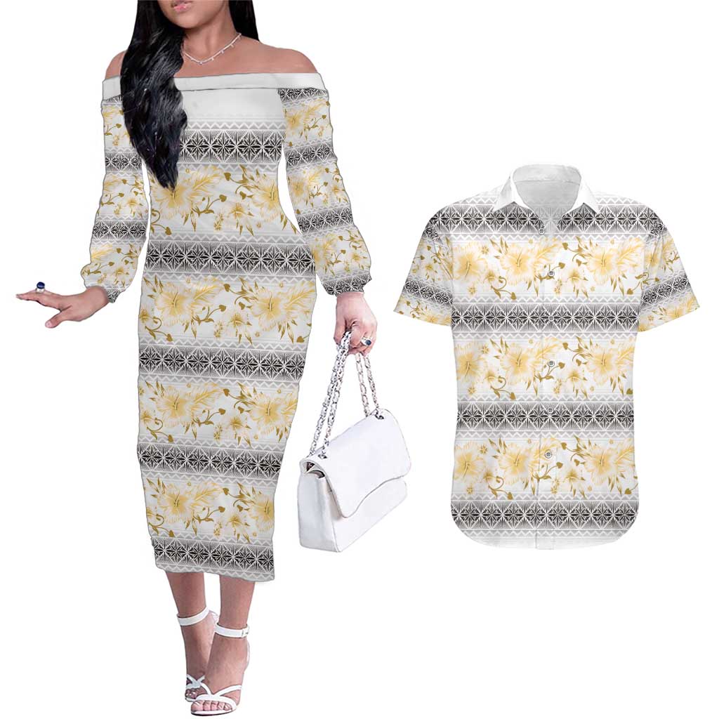 Samoa White Sunday Couples Matching Off The Shoulder Long Sleeve Dress and Hawaiian Shirt Samoan Tapa Yellow Hibiscus LT05 Yellow - Polynesian Pride