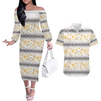 Samoa White Sunday Couples Matching Off The Shoulder Long Sleeve Dress and Hawaiian Shirt Samoan Tapa Yellow Hibiscus LT05 Yellow - Polynesian Pride
