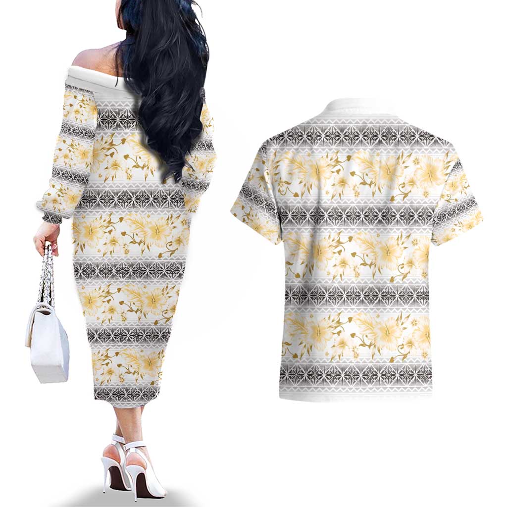 Samoa White Sunday Couples Matching Off The Shoulder Long Sleeve Dress and Hawaiian Shirt Samoan Tapa Yellow Hibiscus LT05 - Polynesian Pride