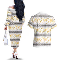 Samoa White Sunday Couples Matching Off The Shoulder Long Sleeve Dress and Hawaiian Shirt Samoan Tapa Yellow Hibiscus LT05 - Polynesian Pride