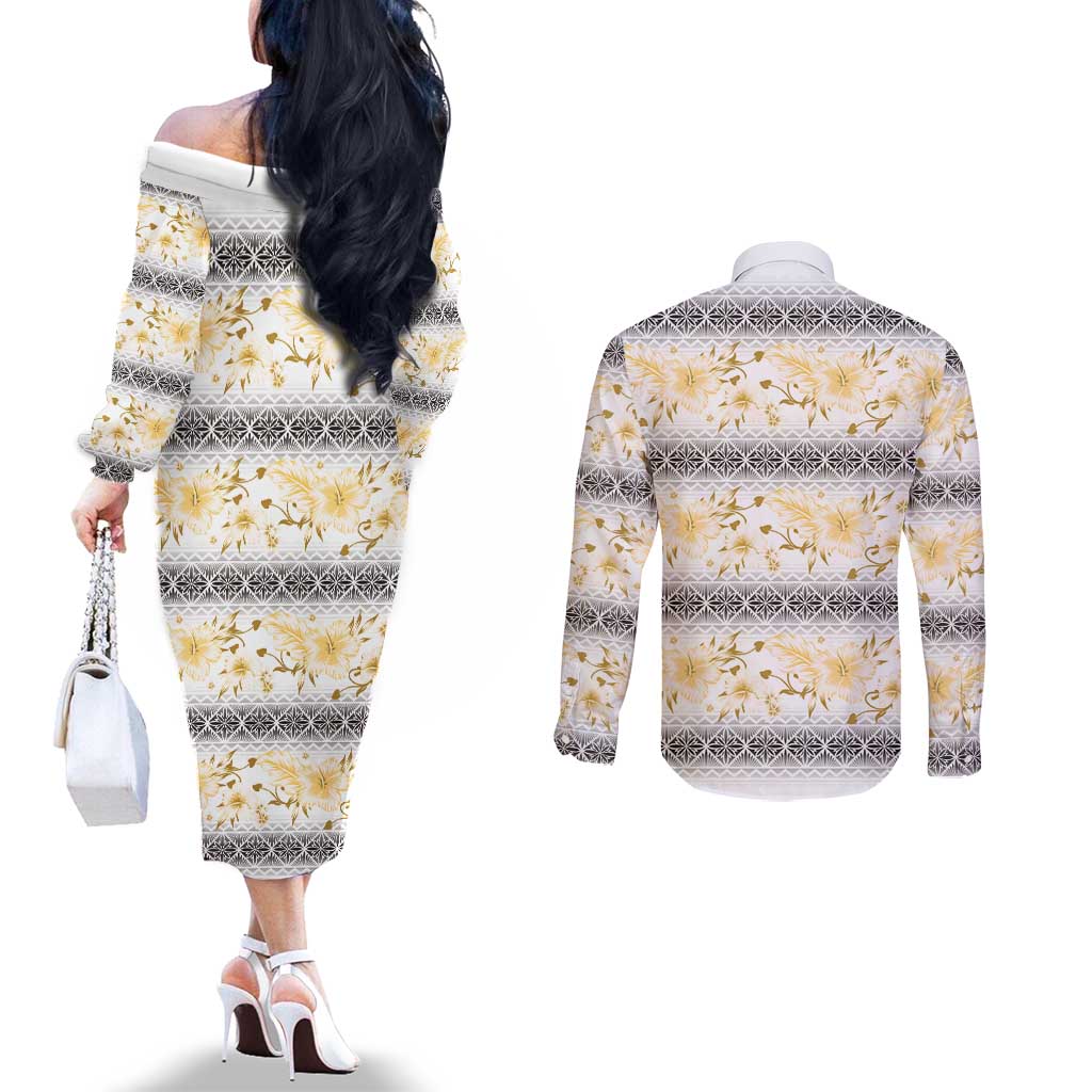 Samoa White Sunday Couples Matching Off The Shoulder Long Sleeve Dress and Long Sleeve Button Shirt Samoan Tapa Yellow Hibiscus LT05 - Polynesian Pride