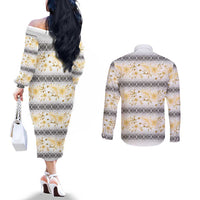 Samoa White Sunday Couples Matching Off The Shoulder Long Sleeve Dress and Long Sleeve Button Shirt Samoan Tapa Yellow Hibiscus LT05 - Polynesian Pride