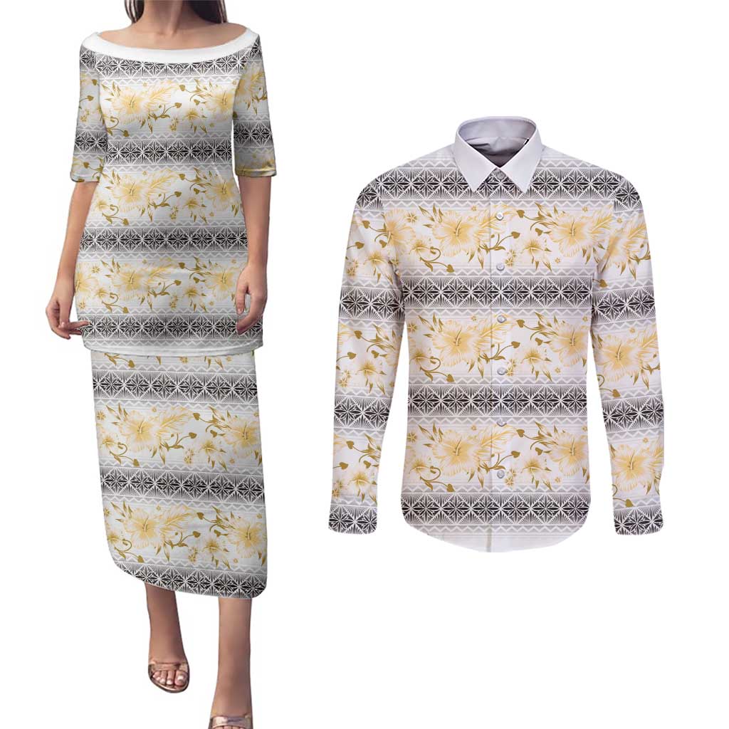 Samoa White Sunday Couples Matching Puletasi and Long Sleeve Button Shirt Samoan Tapa Yellow Hibiscus - Polynesian Pride