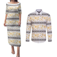 Samoa White Sunday Couples Matching Puletasi and Long Sleeve Button Shirt Samoan Tapa Yellow Hibiscus - Polynesian Pride