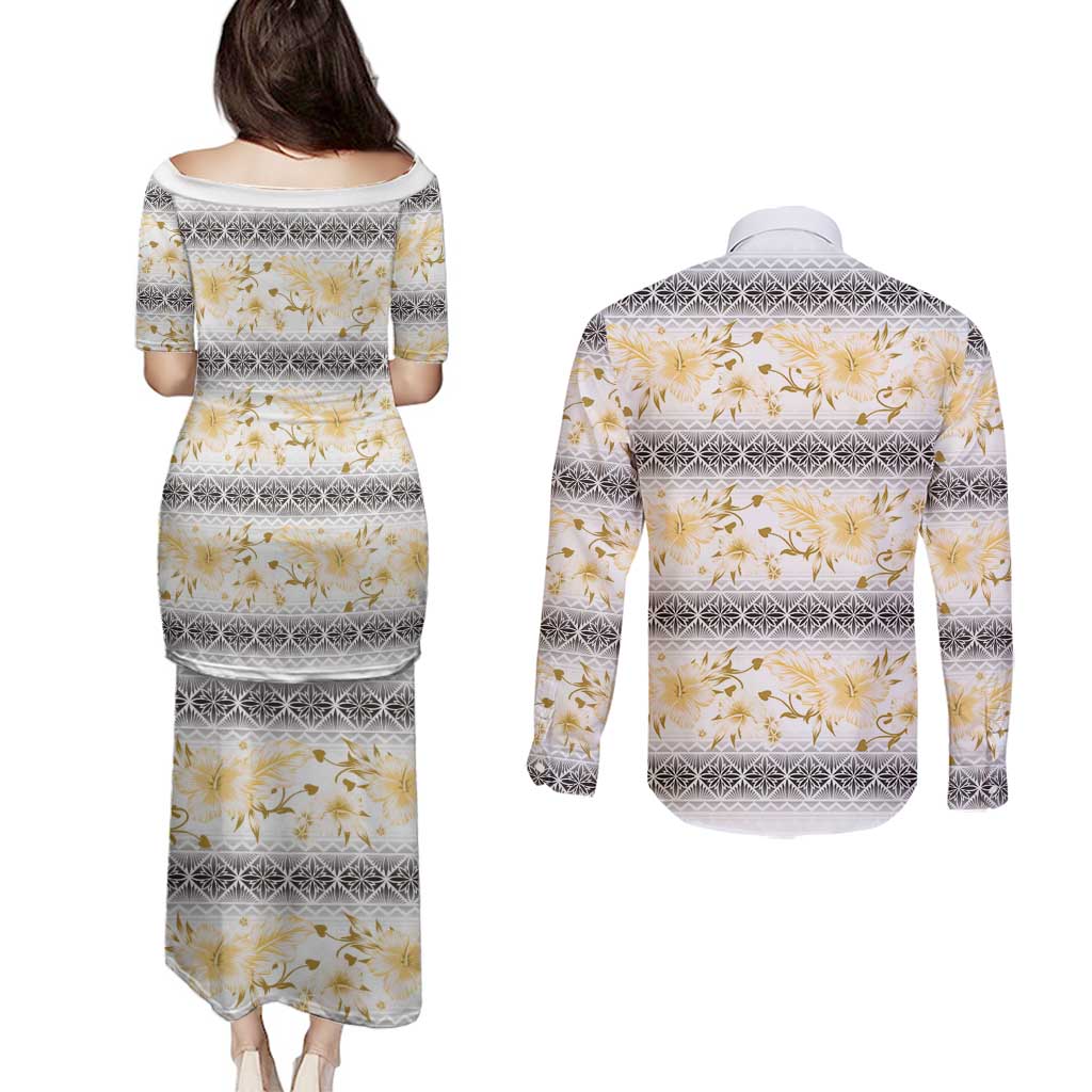 Samoa White Sunday Couples Matching Puletasi and Long Sleeve Button Shirt Samoan Tapa Yellow Hibiscus - Polynesian Pride