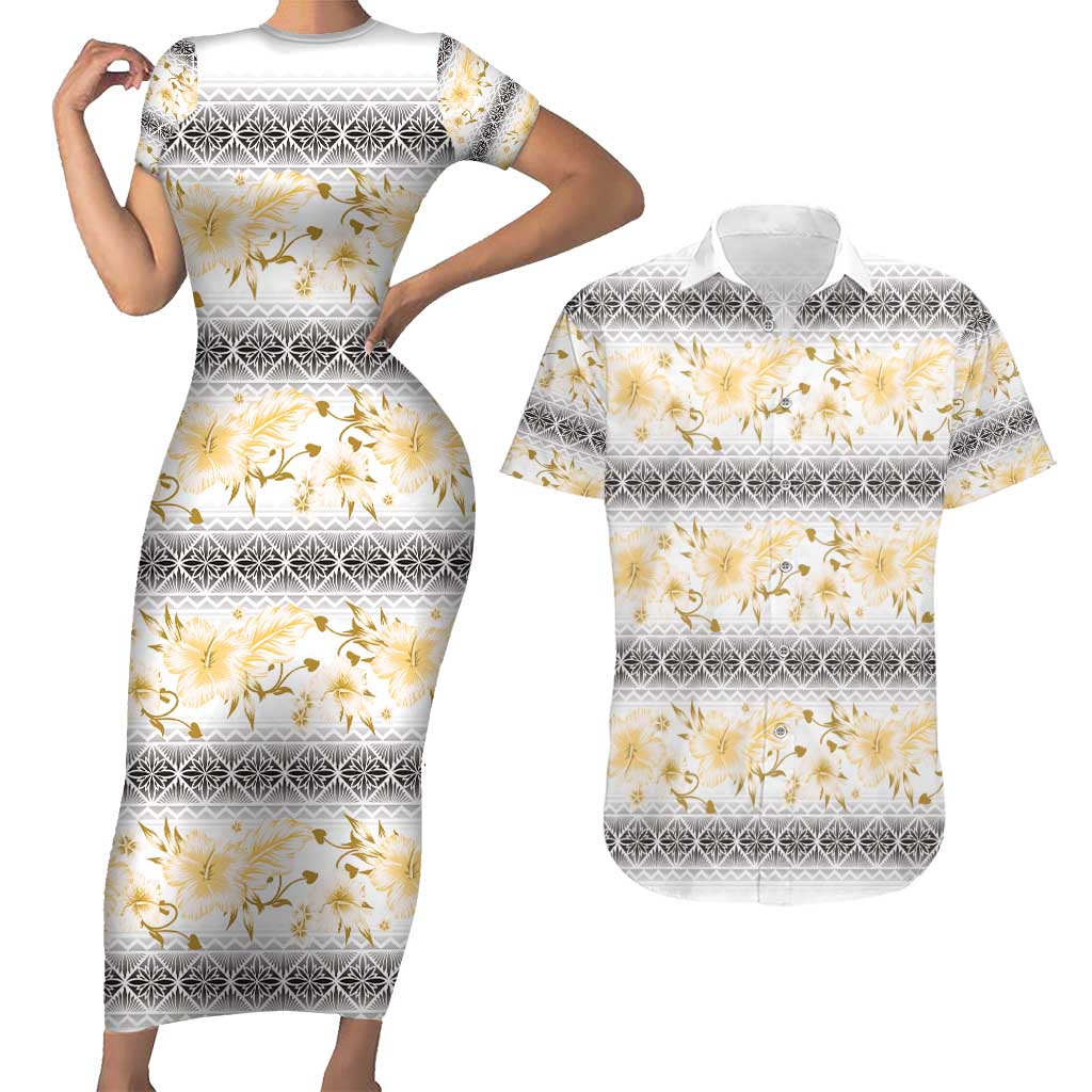 Samoa White Sunday Couples Matching Short Sleeve Bodycon Dress and Hawaiian Shirt Samoan Tapa Yellow Hibiscus LT05 Yellow - Polynesian Pride