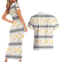 Samoa White Sunday Couples Matching Short Sleeve Bodycon Dress and Hawaiian Shirt Samoan Tapa Yellow Hibiscus LT05 - Polynesian Pride