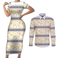 Samoa White Sunday Couples Matching Short Sleeve Bodycon Dress and Long Sleeve Button Shirt Samoan Tapa Yellow Hibiscus LT05 Yellow - Polynesian Pride