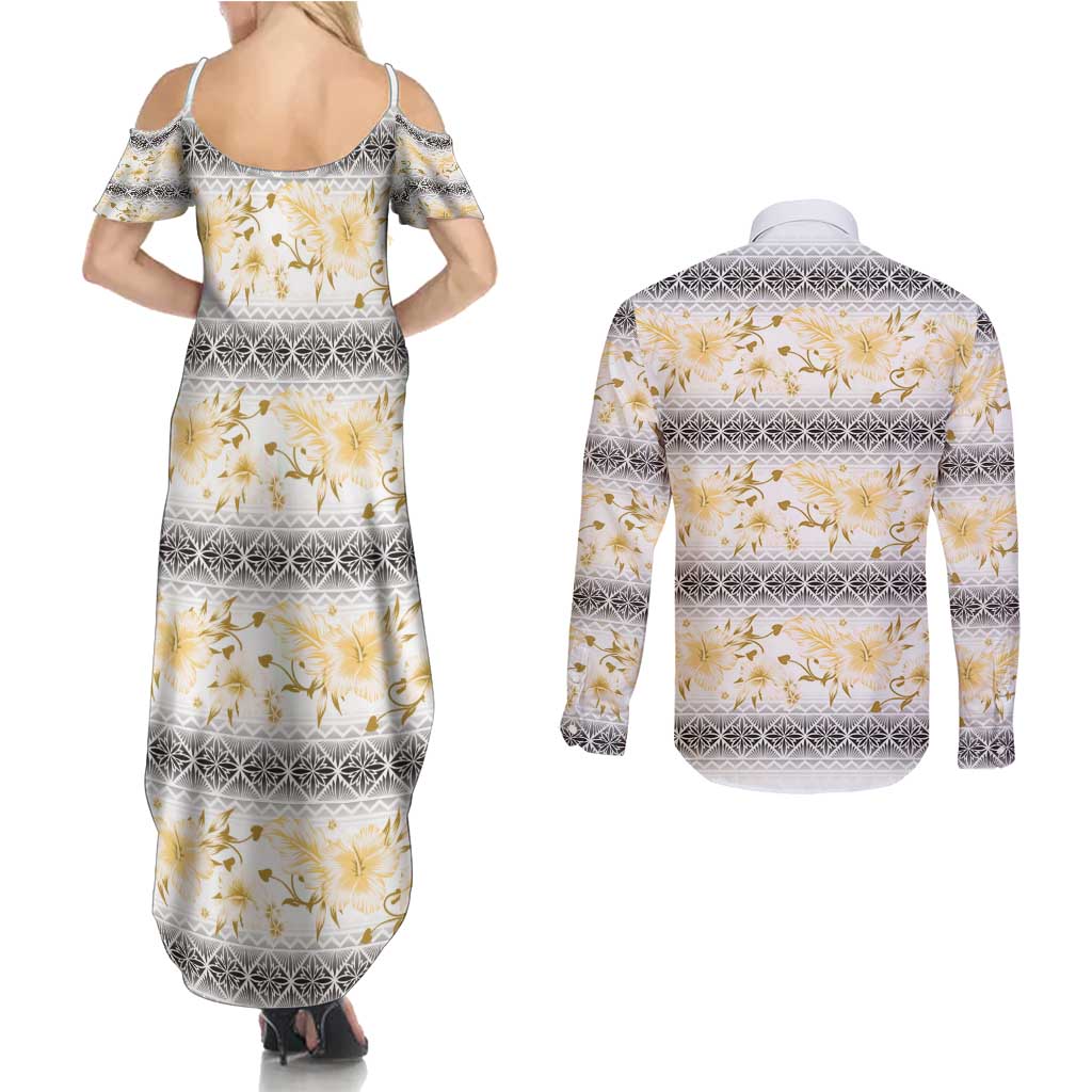 Samoa White Sunday Couples Matching Summer Maxi Dress and Long Sleeve Button Shirt Samoan Tapa Yellow Hibiscus - Polynesian Pride