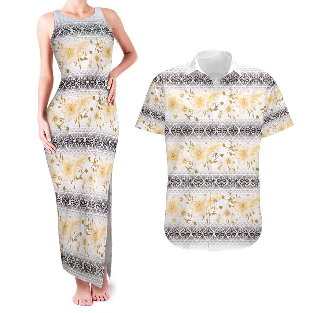 Samoa White Sunday Couples Matching Tank Maxi Dress and Hawaiian Shirt Samoan Tapa Yellow Hibiscus LT05 Yellow - Polynesian Pride