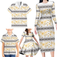 Samoa White Sunday Family Matching Long Sleeve Bodycon Dress and Hawaiian Shirt Samoan Tapa Yellow Hibiscus LT05 - Polynesian Pride