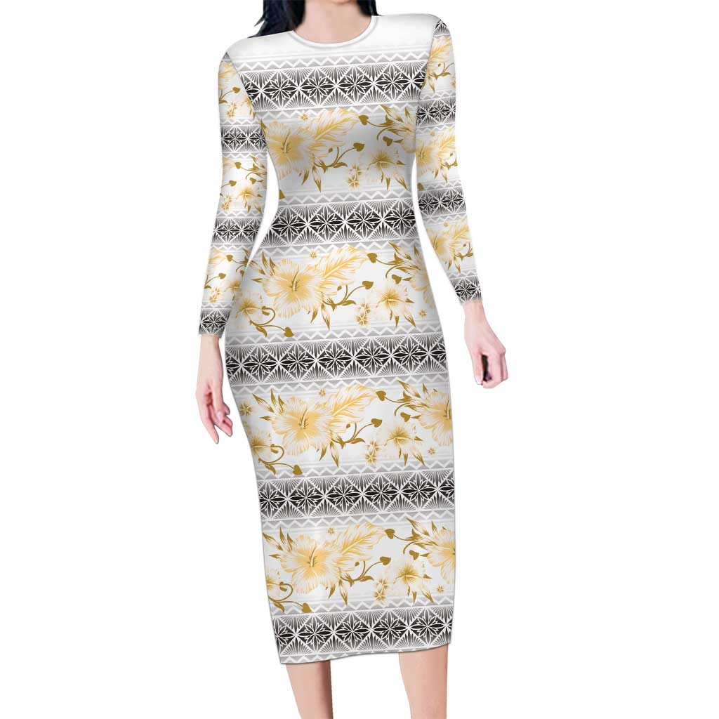 Samoa White Sunday Family Matching Long Sleeve Bodycon Dress and Hawaiian Shirt Samoan Tapa Yellow Hibiscus LT05 Mom's Dress Yellow - Polynesian Pride