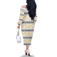 Samoa White Sunday Family Matching Off The Shoulder Long Sleeve Dress and Hawaiian Shirt Samoan Tapa Yellow Hibiscus LT05 - Polynesian Pride