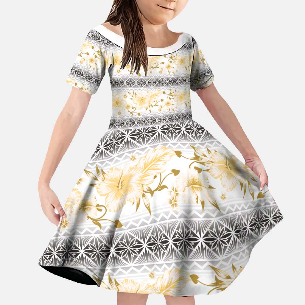 Samoa White Sunday Family Matching Off Shoulder Maxi Dress and Hawaiian Shirt Samoan Tapa Yellow Hibiscus LT05 Daughter's Dress Yellow - Polynesian Pride