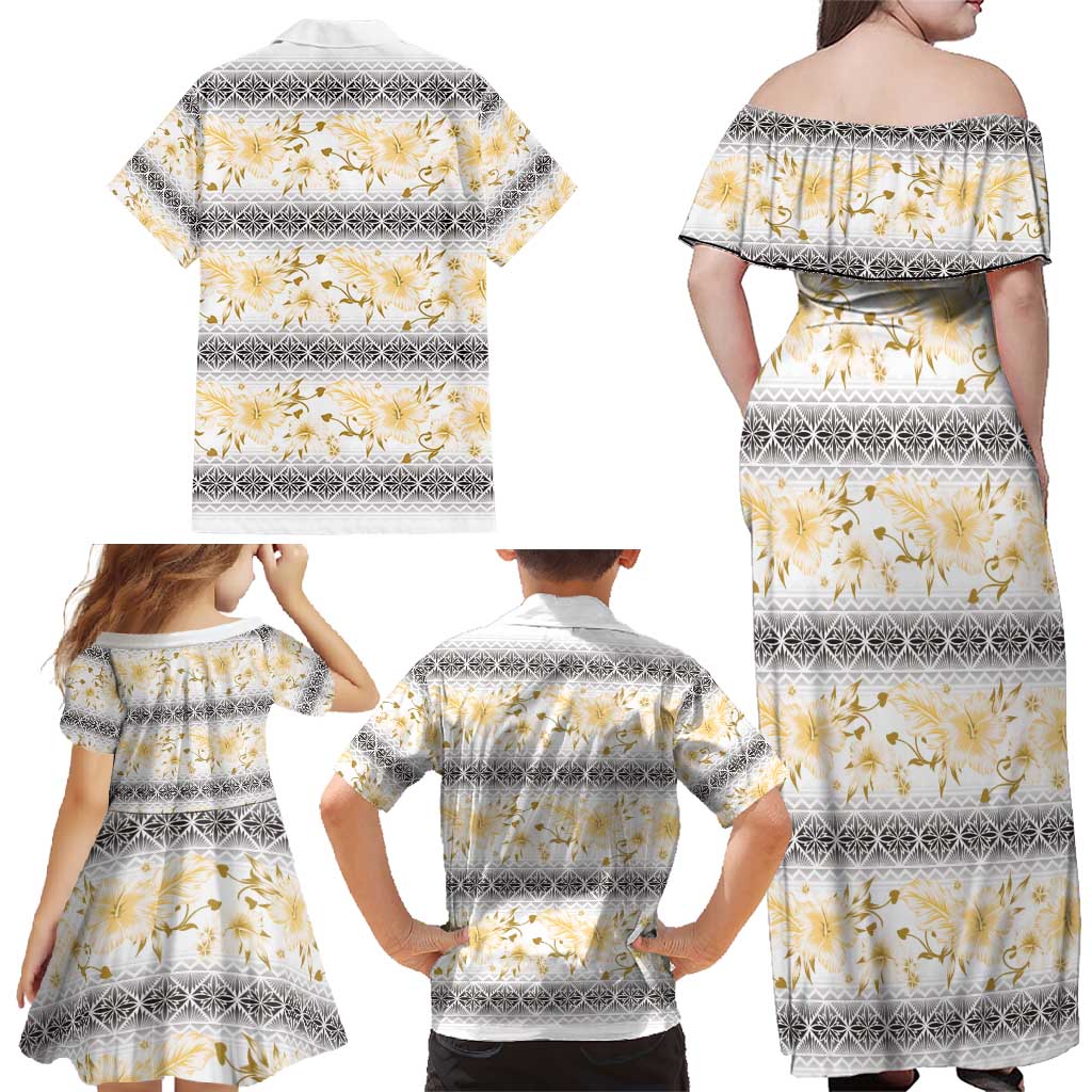 Samoa White Sunday Family Matching Off Shoulder Maxi Dress and Hawaiian Shirt Samoan Tapa Yellow Hibiscus LT05 - Polynesian Pride