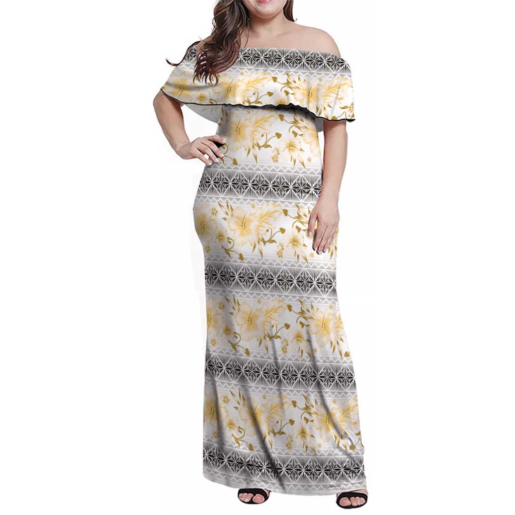 Samoa White Sunday Family Matching Off Shoulder Maxi Dress and Hawaiian Shirt Samoan Tapa Yellow Hibiscus LT05 Mom's Dress Yellow - Polynesian Pride