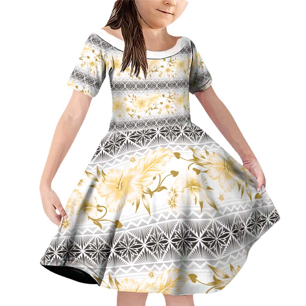 Samoa White Sunday Family Matching Off Shoulder Short Dress and Hawaiian Shirt Samoan Tapa Yellow Hibiscus LT05 Daughter's Dress Yellow - Polynesian Pride