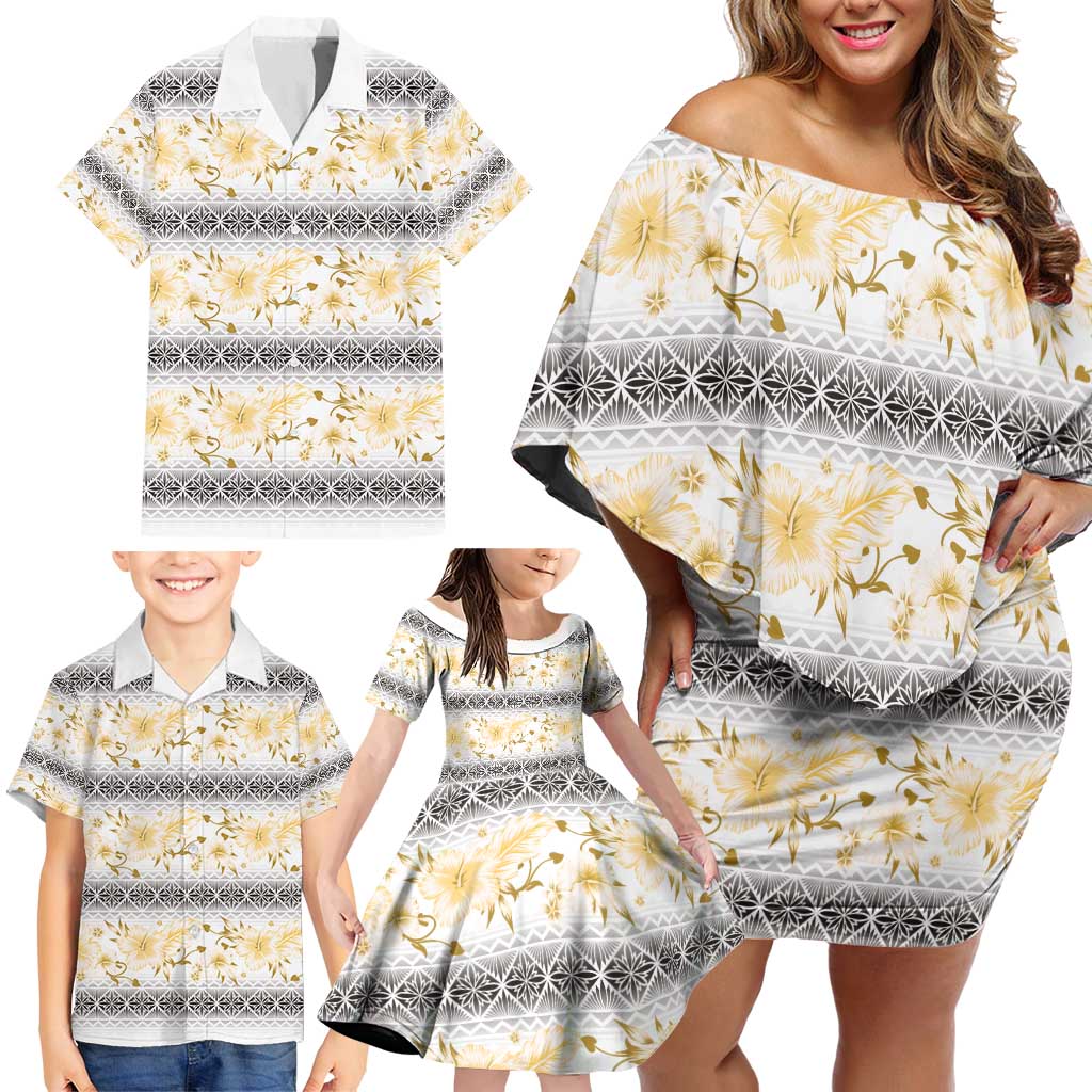 Samoa White Sunday Family Matching Off Shoulder Short Dress and Hawaiian Shirt Samoan Tapa Yellow Hibiscus LT05 - Polynesian Pride