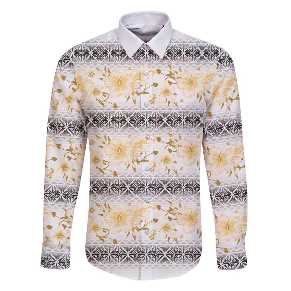 Samoa White Sunday Family Matching Off Shoulder Short Dress and Hawaiian Shirt Samoan Tapa Yellow Hibiscus LT05 Dad's Shirt - Long Sleeve Yellow - Polynesian Pride