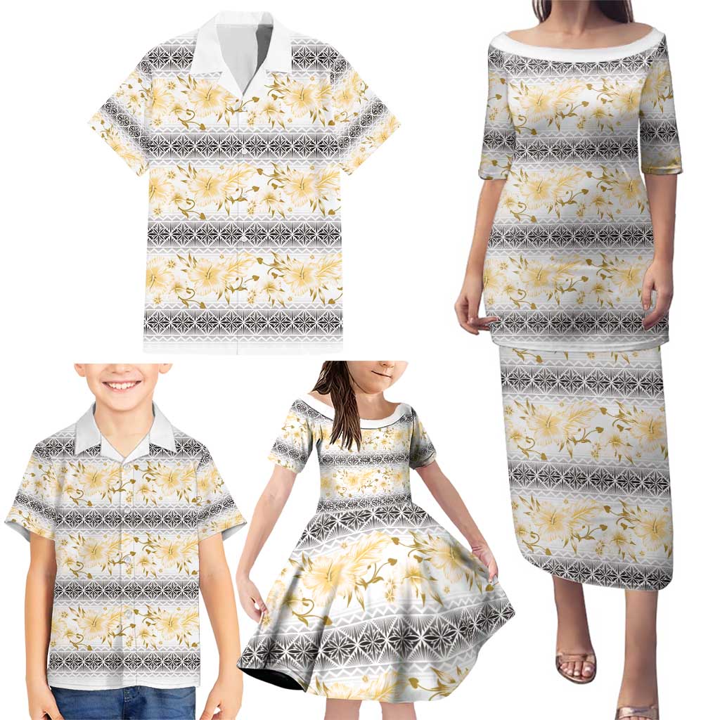 Samoa White Sunday Family Matching Puletasi and Hawaiian Shirt Samoan Tapa Yellow Hibiscus LT05 - Polynesian Pride