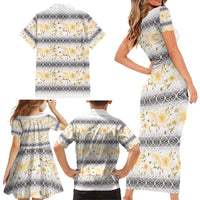 Samoa White Sunday Family Matching Short Sleeve Bodycon Dress and Hawaiian Shirt Samoan Tapa Yellow Hibiscus LT05 - Polynesian Pride