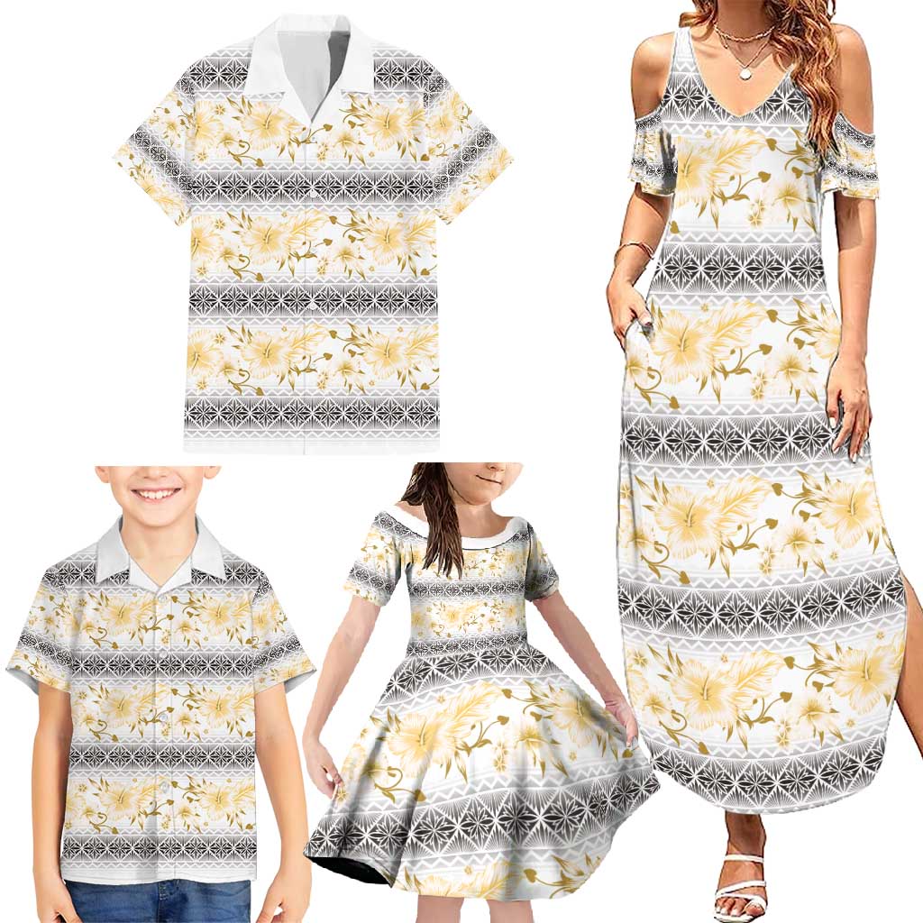 Samoa White Sunday Family Matching Summer Maxi Dress and Hawaiian Shirt Samoan Tapa Yellow Hibiscus LT05 - Polynesian Pride