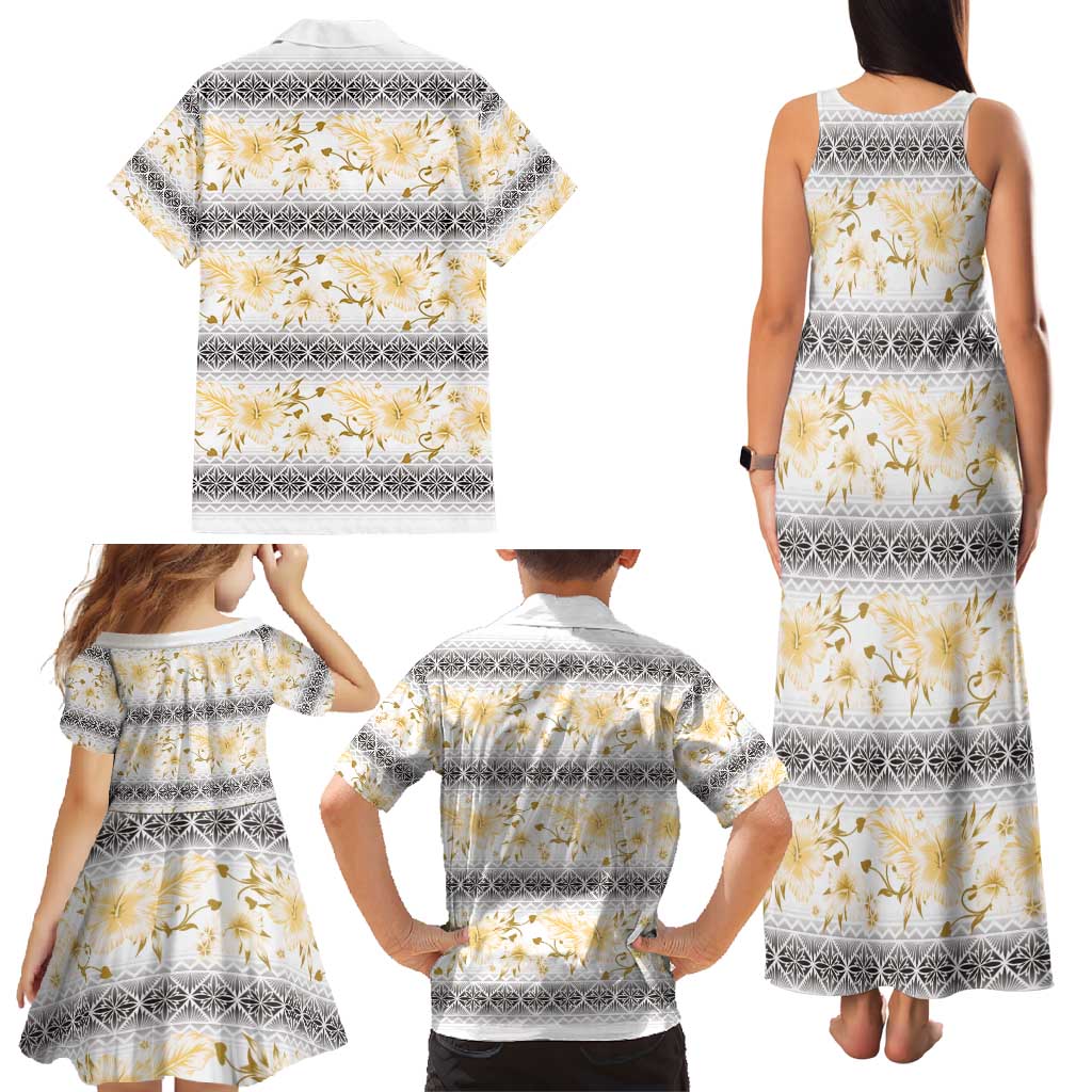 Samoa White Sunday Family Matching Tank Maxi Dress and Hawaiian Shirt Samoan Tapa Yellow Hibiscus LT05 - Polynesian Pride
