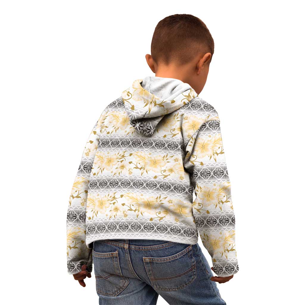 Samoa White Sunday Kid Hoodie Samoan Tapa Yellow Hibiscus - Polynesian Pride