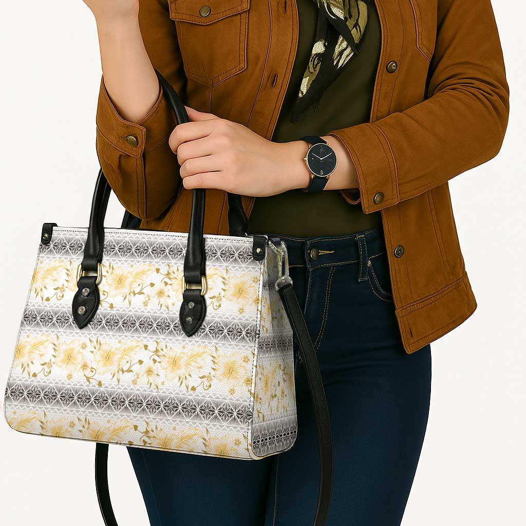 Samoa White Sunday Leather Bag Samoan Tapa Yellow Hibiscus - Polynesian Pride