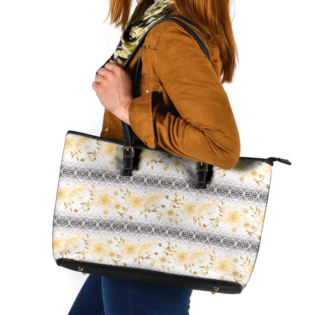 Samoa White Sunday Leather Tote Bag Samoan Tapa Yellow Hibiscus - Polynesian Pride