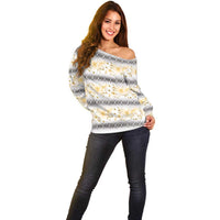 Samoa White Sunday Off Shoulder Sweater Samoan Tapa Yellow Hibiscus - Polynesian Pride