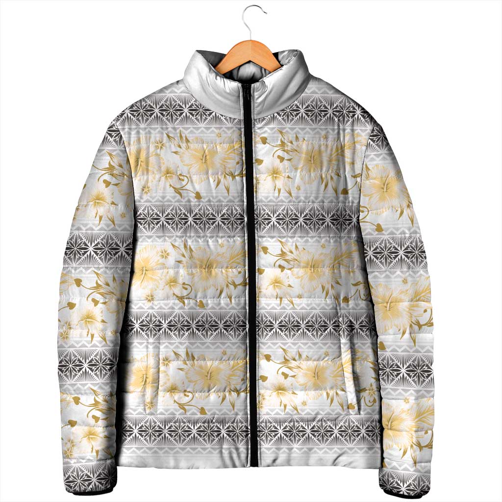 Samoa White Sunday Padded Jacket Samoan Tapa Yellow Hibiscus - Polynesian Pride