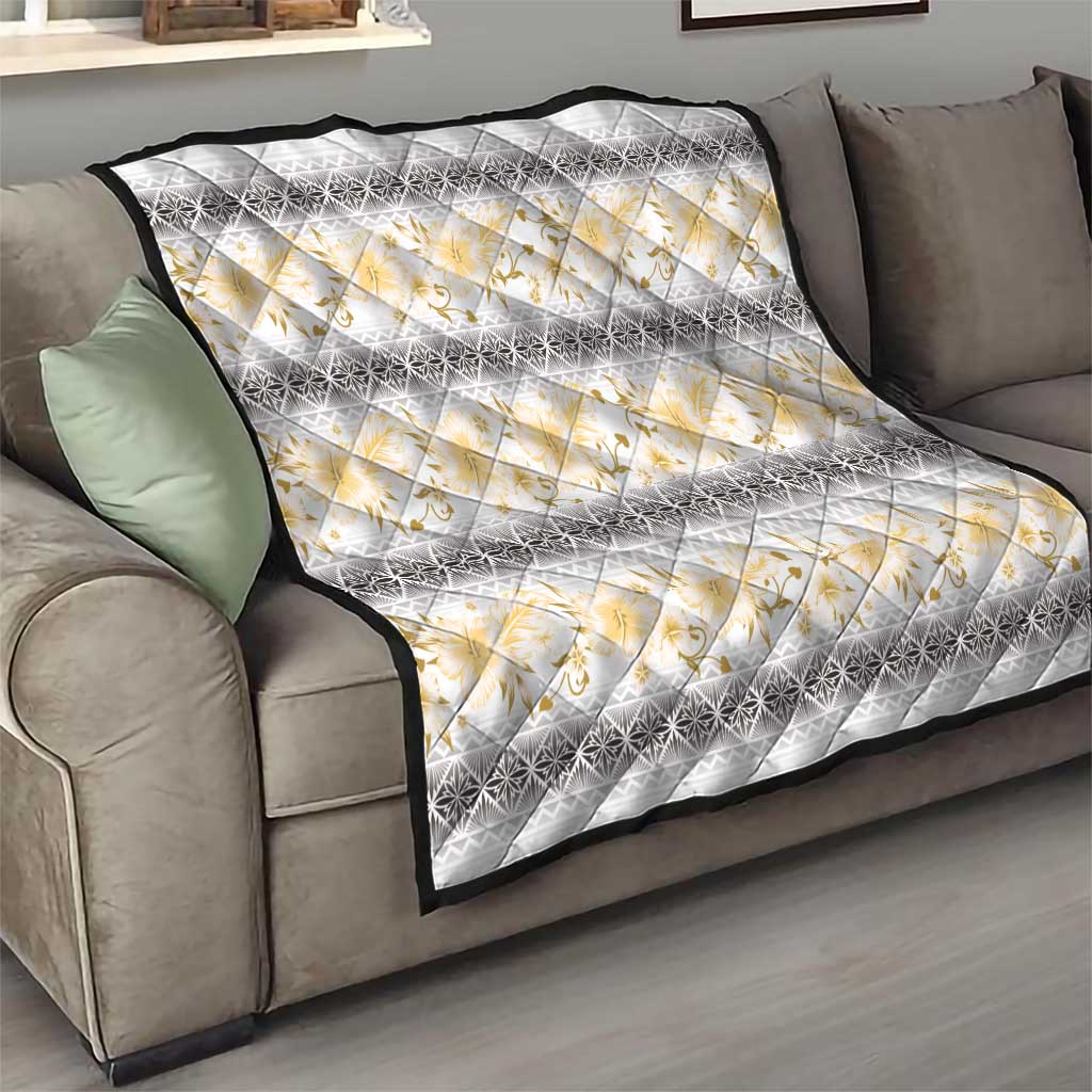 Samoa White Sunday Quilt Samoan Tapa Yellow Hibiscus - Polynesian Pride