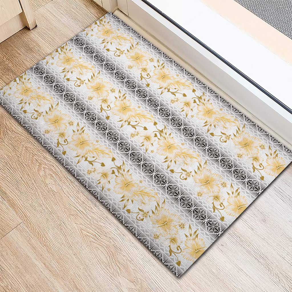 Samoa White Sunday Rubber Doormat Samoan Tapa Yellow Hibiscus LT05 - Polynesian Pride
