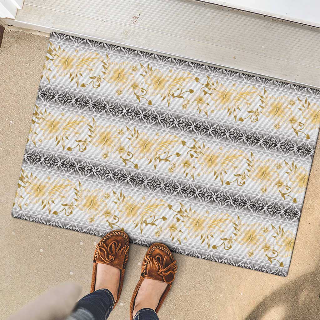 Samoa White Sunday Rubber Doormat Samoan Tapa Yellow Hibiscus LT05 - Polynesian Pride