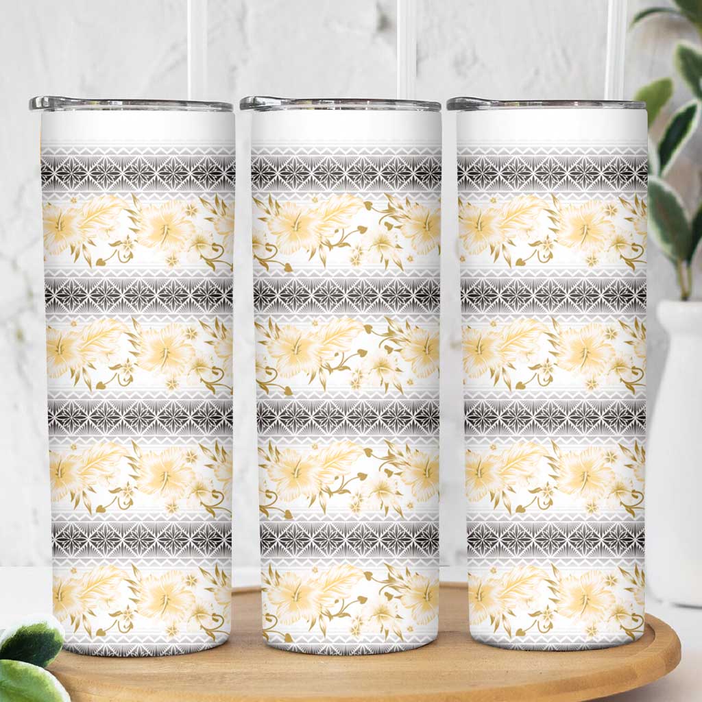 Samoa White Sunday Skinny Tumbler Samoan Tapa Yellow Hibiscus - Polynesian Pride