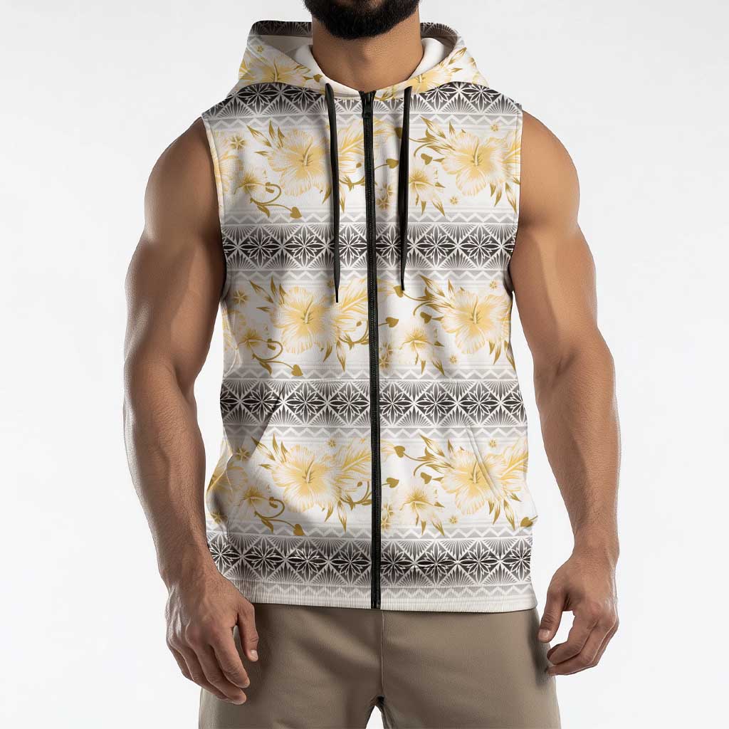 Samoa White Sunday Sleeveless Zip Hoodie Samoan Tapa Yellow Hibiscus - Polynesian Pride