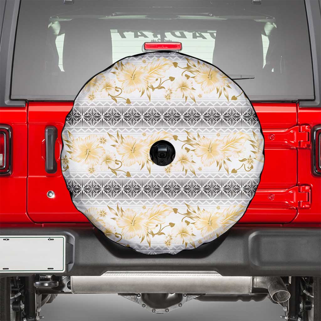 Samoa White Sunday Spare Tire Cover Samoan Tapa Yellow Hibiscus - Polynesian Pride