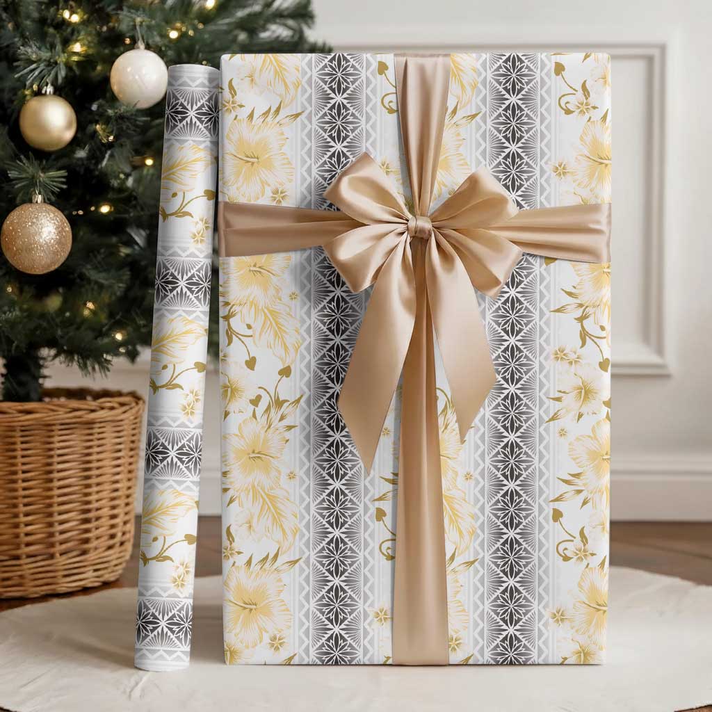 Samoa White Sunday Wrapping Paper Samoan Tapa Yellow Hibiscus - Polynesian Pride