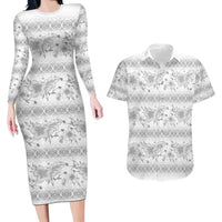 Samoa White Sunday Couples Matching Long Sleeve Bodycon Dress and Hawaiian Shirt Samoan Tapa White Hibiscus LT05 White - Polynesian Pride