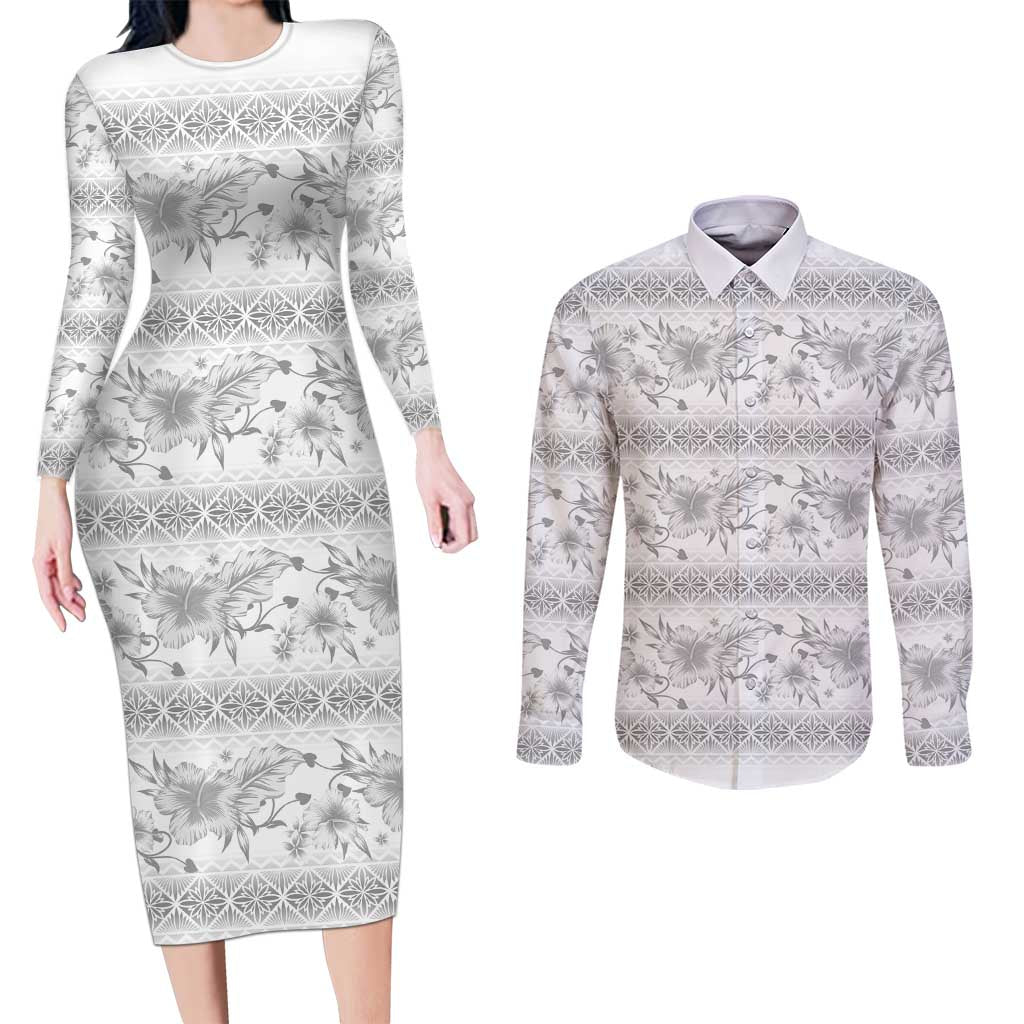Samoa White Sunday Couples Matching Long Sleeve Bodycon Dress and Long Sleeve Button Shirt Samoan Tapa White Hibiscus LT05 White - Polynesian Pride