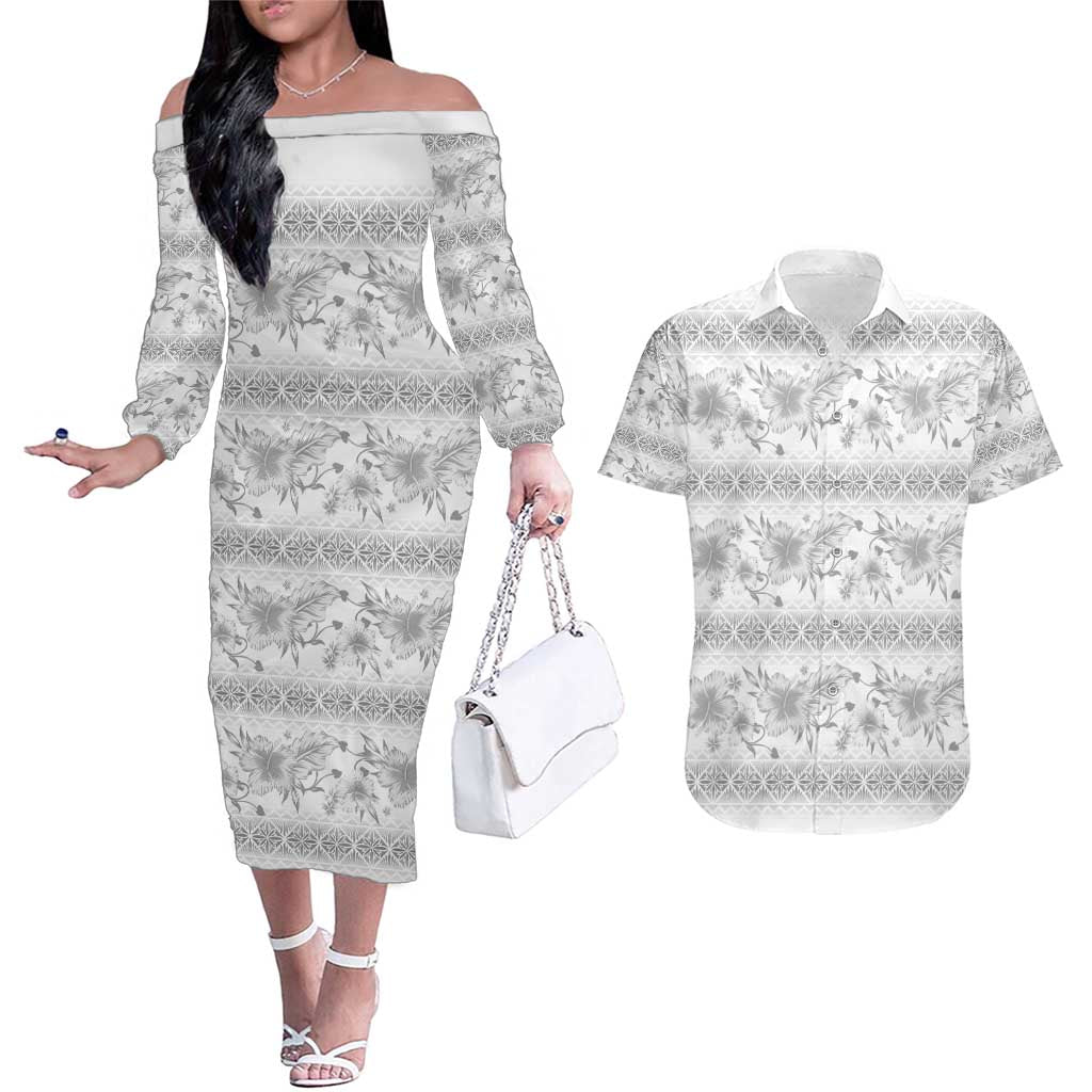 Samoa White Sunday Couples Matching Off The Shoulder Long Sleeve Dress and Hawaiian Shirt Samoan Tapa White Hibiscus LT05 White - Polynesian Pride