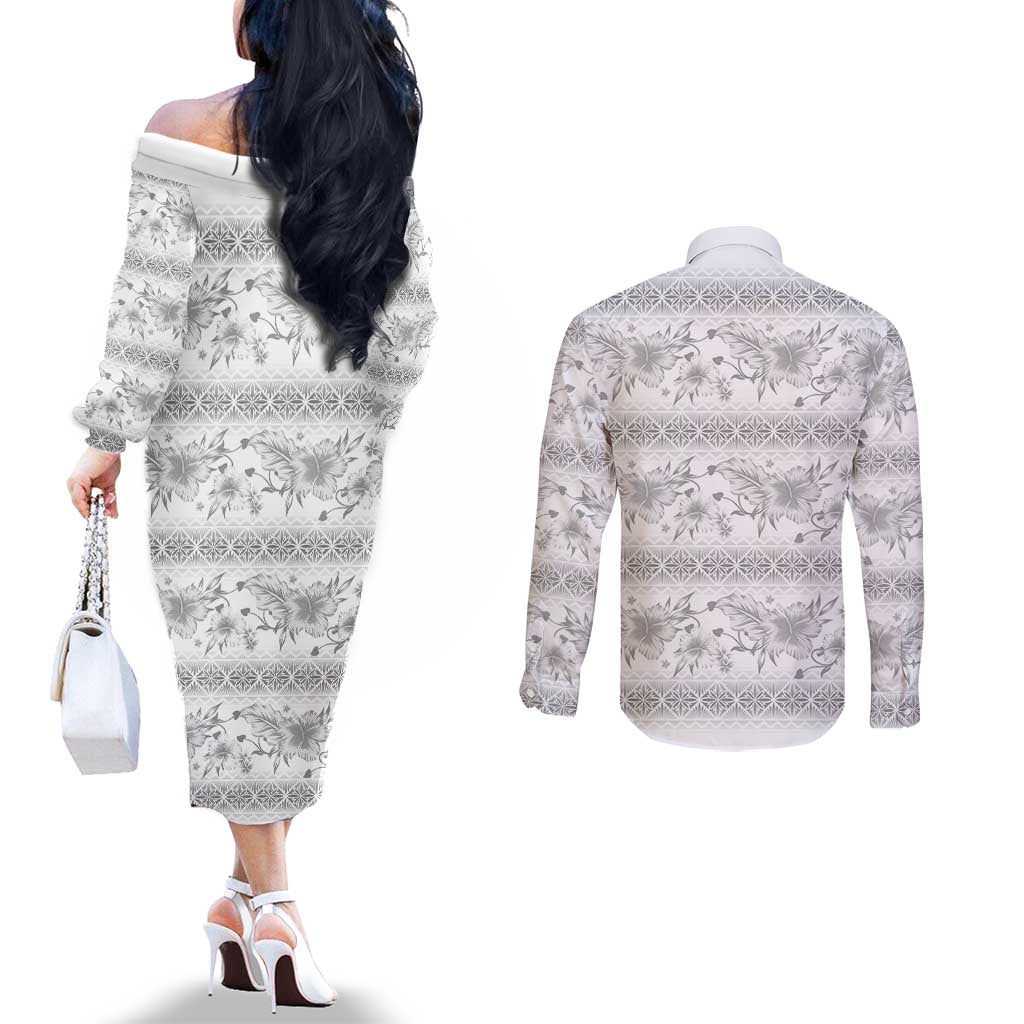 Samoa White Sunday Couples Matching Off The Shoulder Long Sleeve Dress and Long Sleeve Button Shirt Samoan Tapa White Hibiscus LT05 - Polynesian Pride